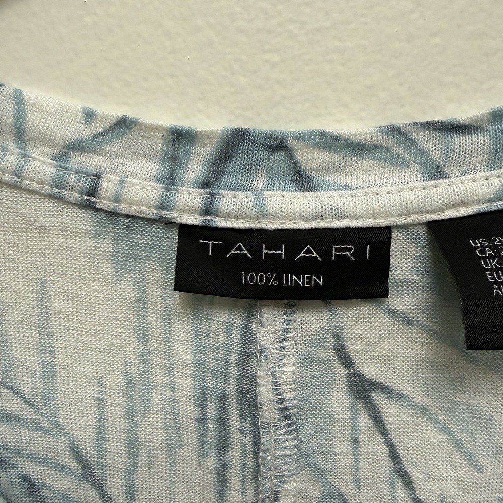Tahari 100% Linen Top Womens 2X Blue Tropical Leaf Print V Neck Blouse - Picture 3 of 9